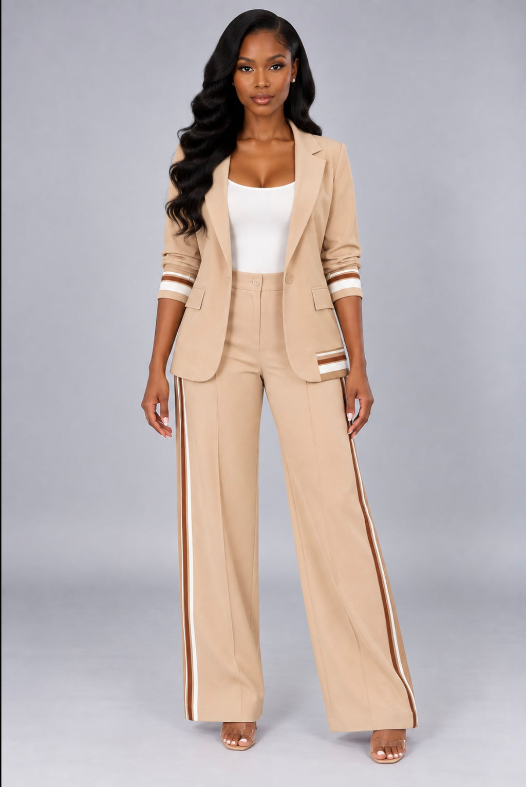 2-Piece Suit Set Long Sleeve Blazer & High-Waist Wide Leg Pants