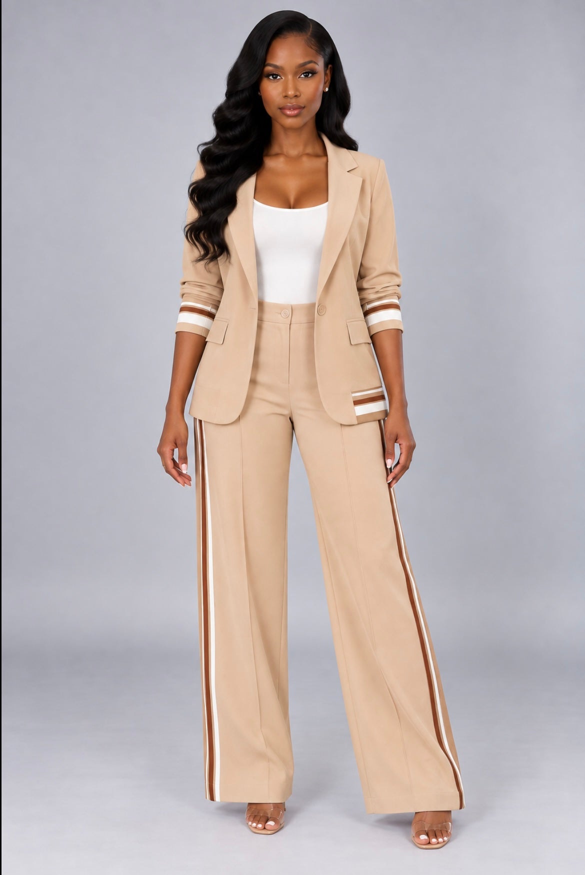 2-Piece Suit Set Long Sleeve Blazer & High-Waist Wide Leg Pants