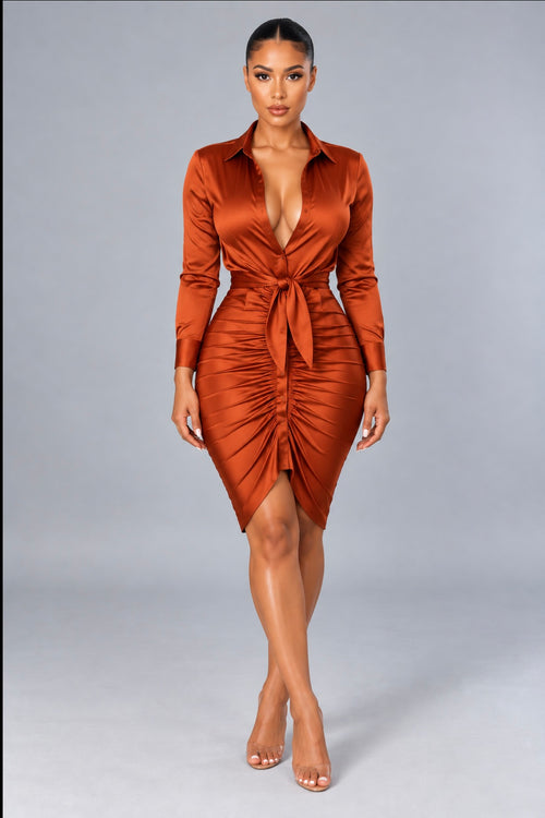 Lace-up Solid Color Long Sleeve Midi Dress Shirt Dress