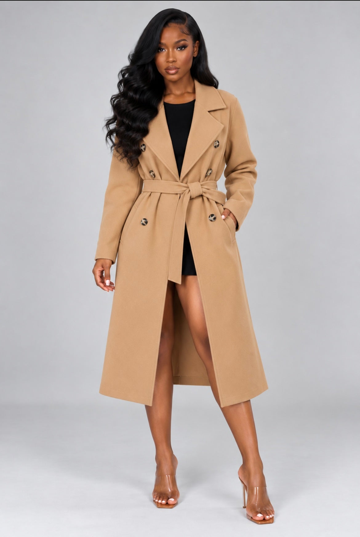 Double-Breasted Trench Coat with Belt Long Jacket