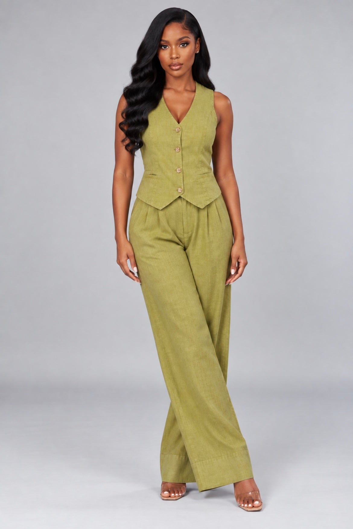 Solid-Colored Sleeveless Casual Linen Tank Top And Pants Set