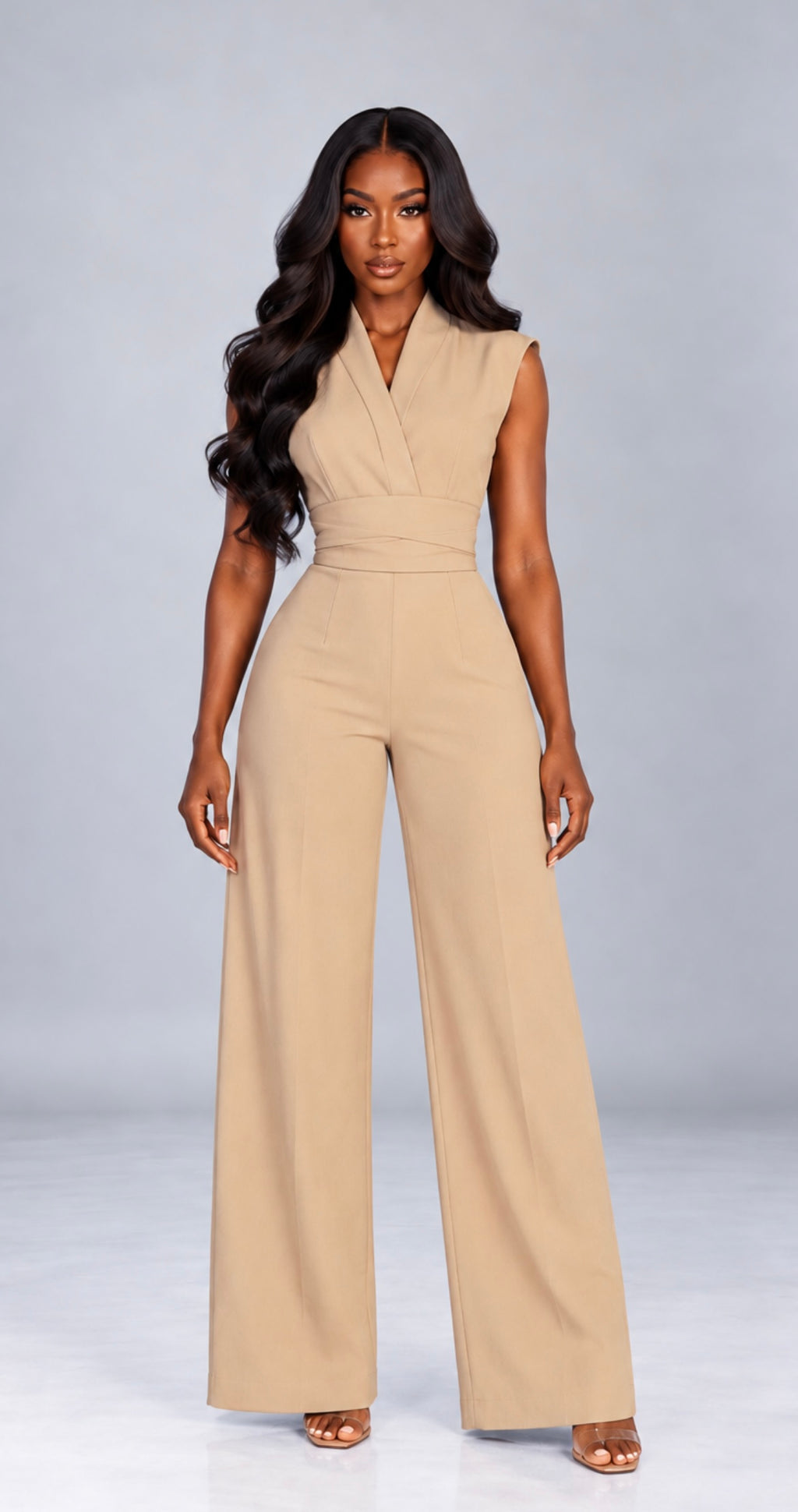 V-Neck Wide-Leg Jumpsuit, Elegant Sleeveless High-Waist Overalls