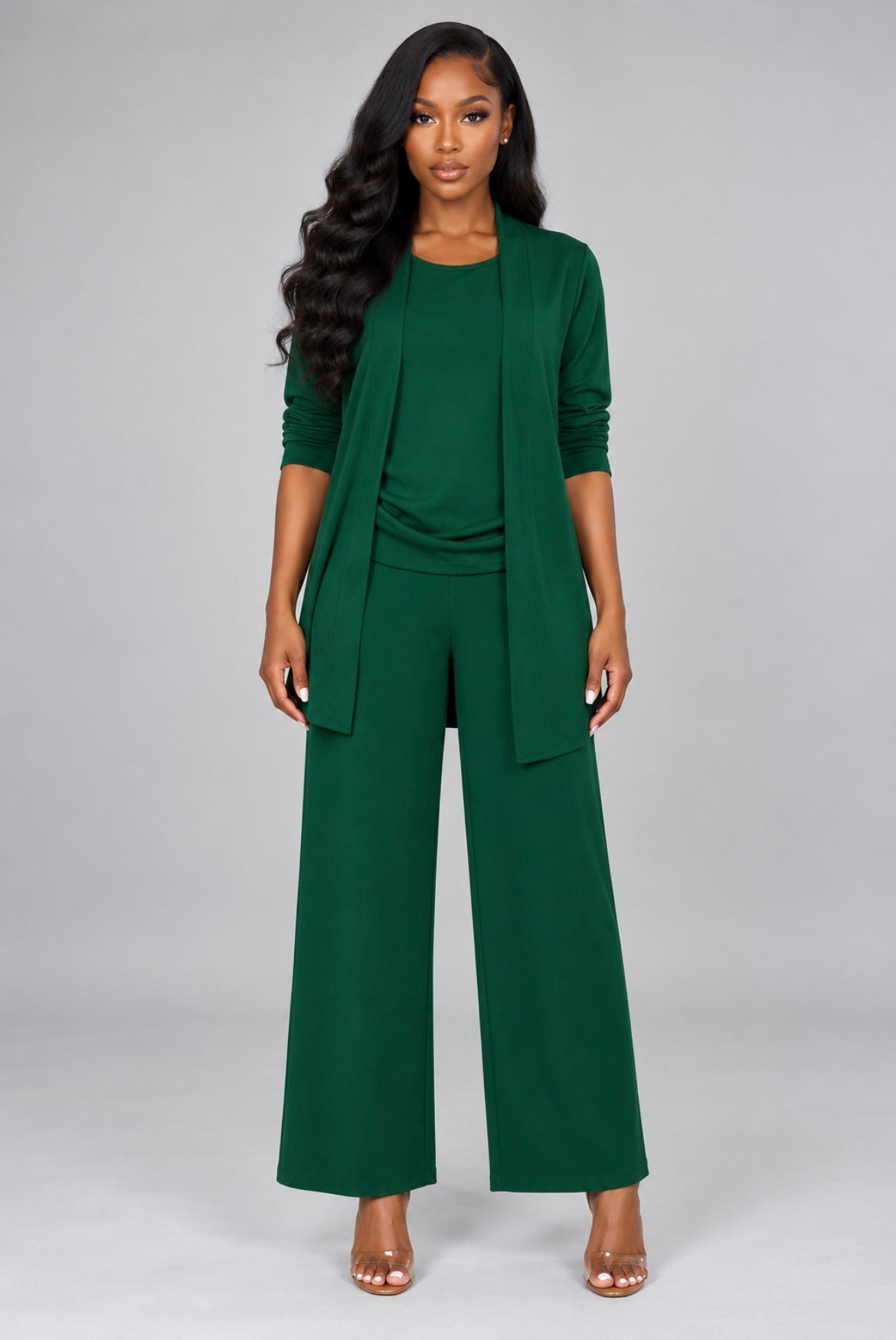 3-Piece Solid Color Suit Sleeveless Vest, Long Cardigan & Wide-Leg Pants