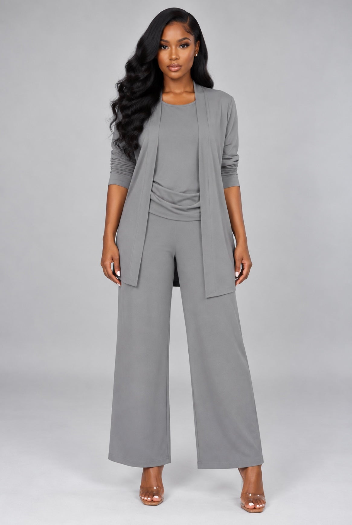 3-Piece Solid Color Suit Sleeveless Vest, Long Cardigan & Wide-Leg Pants