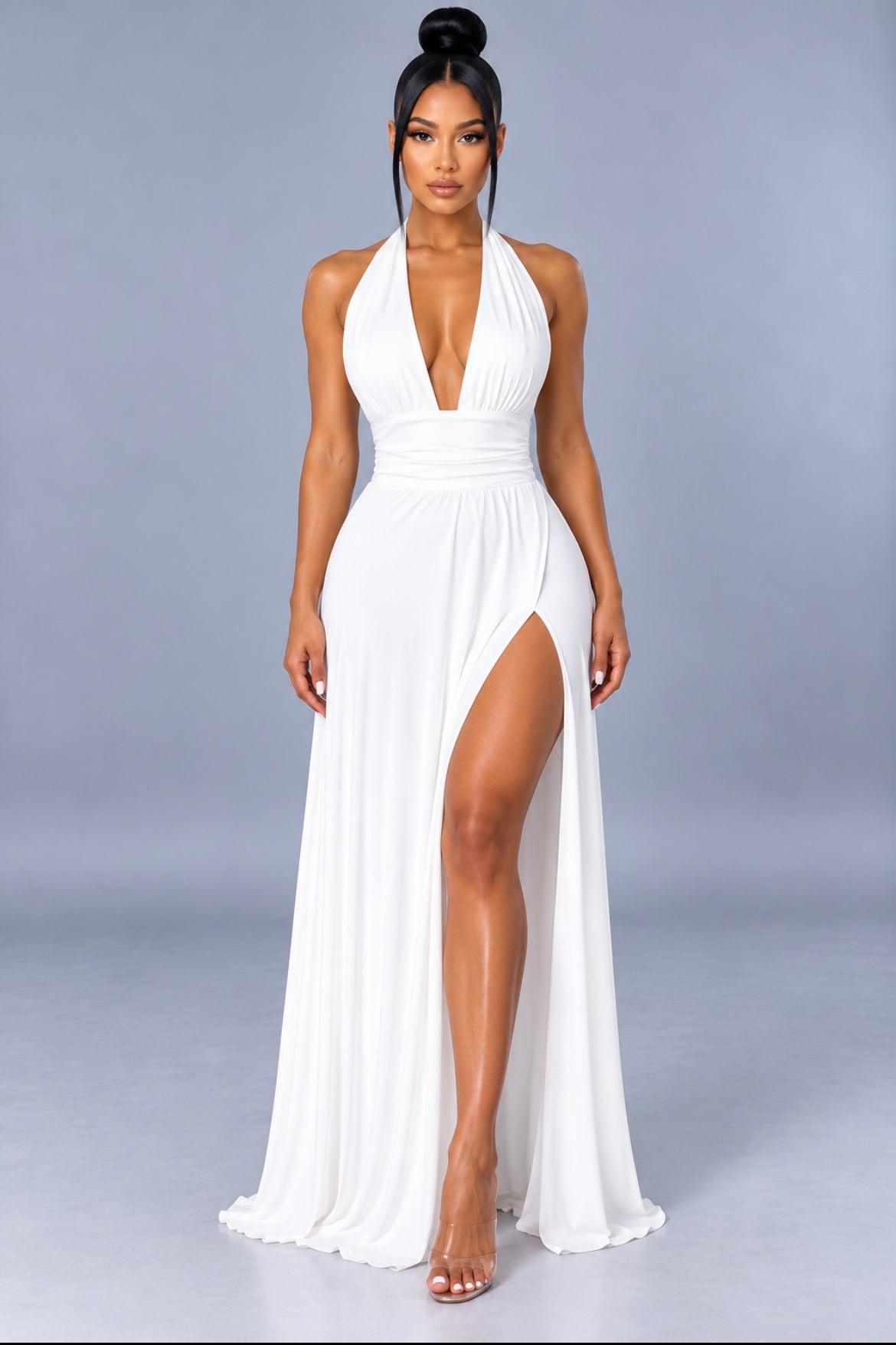 Halterneck V-Neck Slit Backless Strappy Maxi Dress
