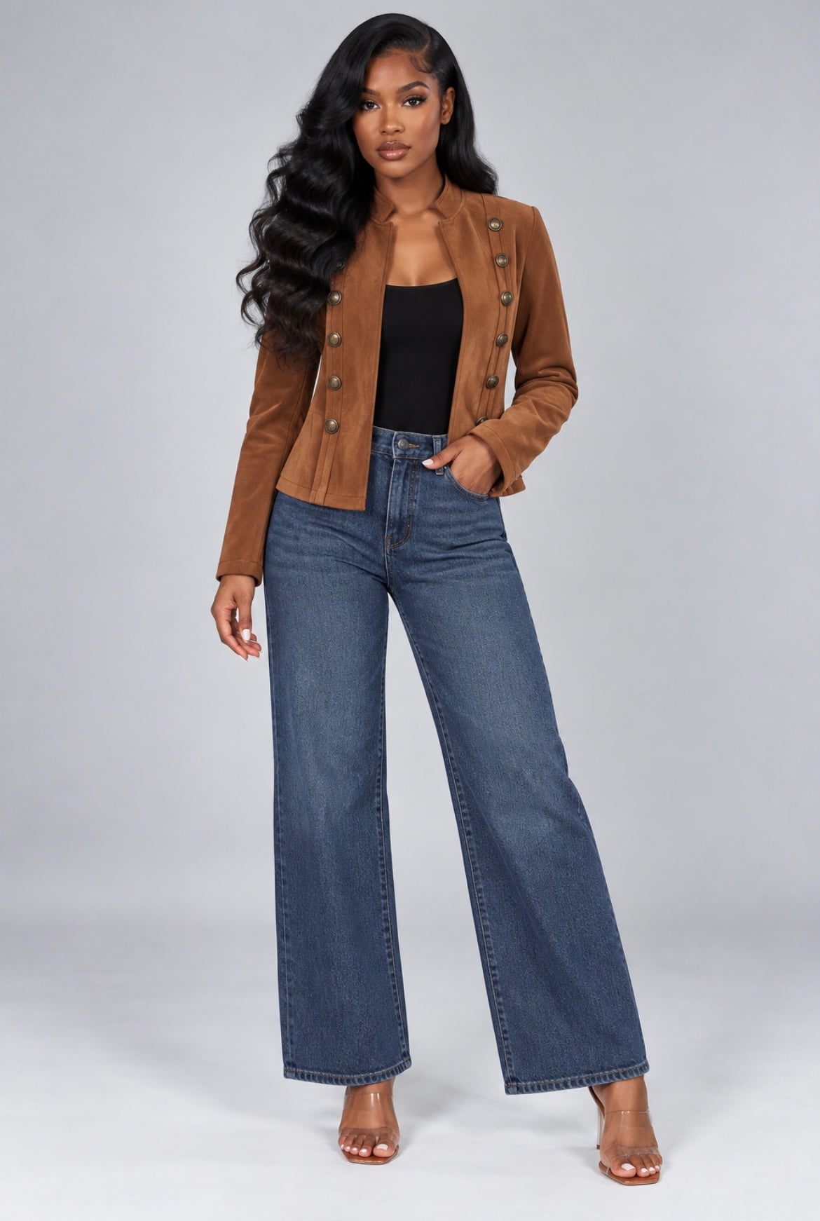 Double-Breasted Suede Jacket Retro Velvet Long-Sleeve Slim Fit Coat