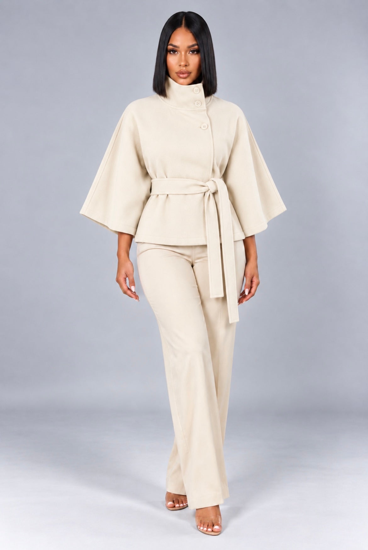 High Neck Batwing Sleeve Belted Coat