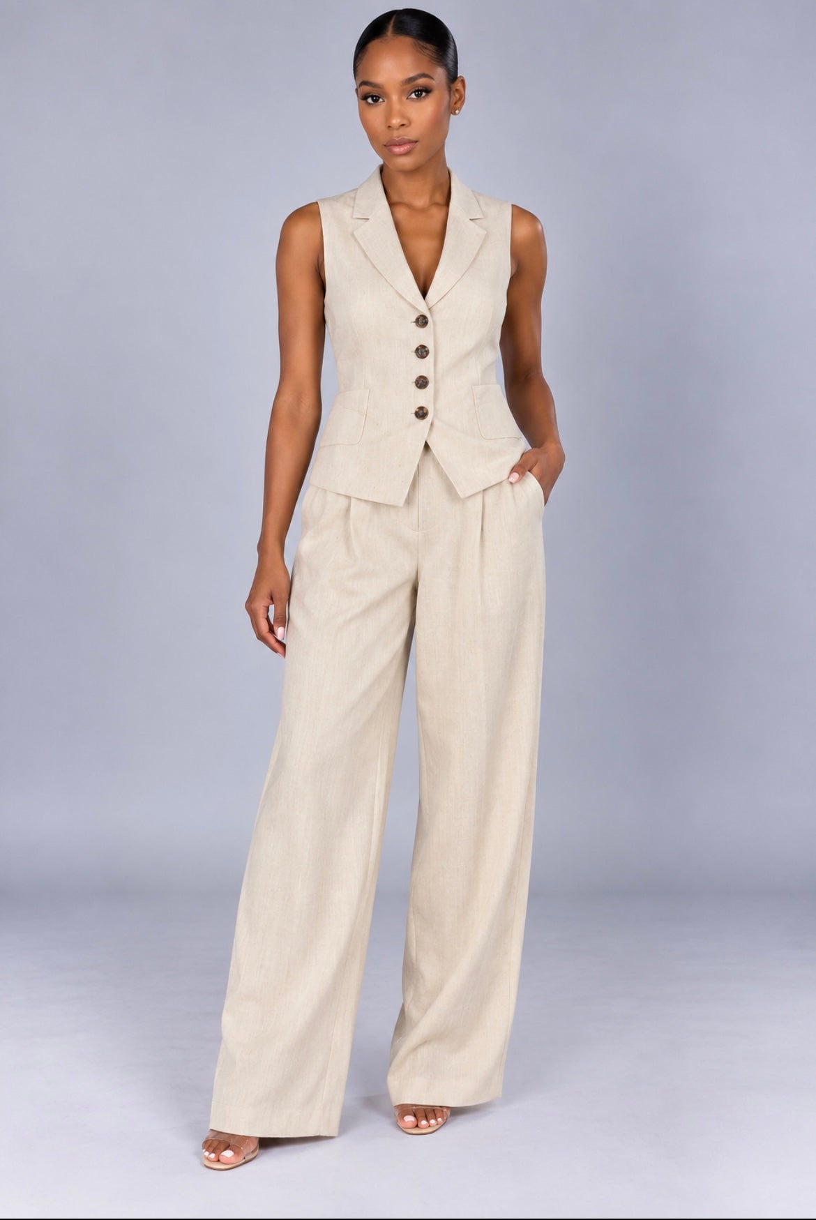 Solid-Colored Sleeveless Casual Linen Tank Top And Pants Set