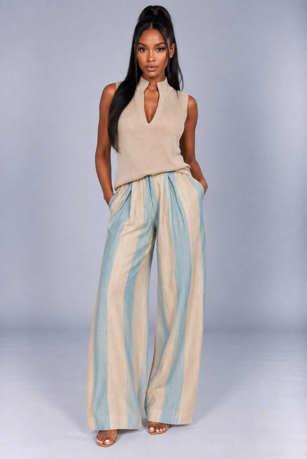 Stand Collar Wide Leg Pants Two-piece Suit Vacation Style