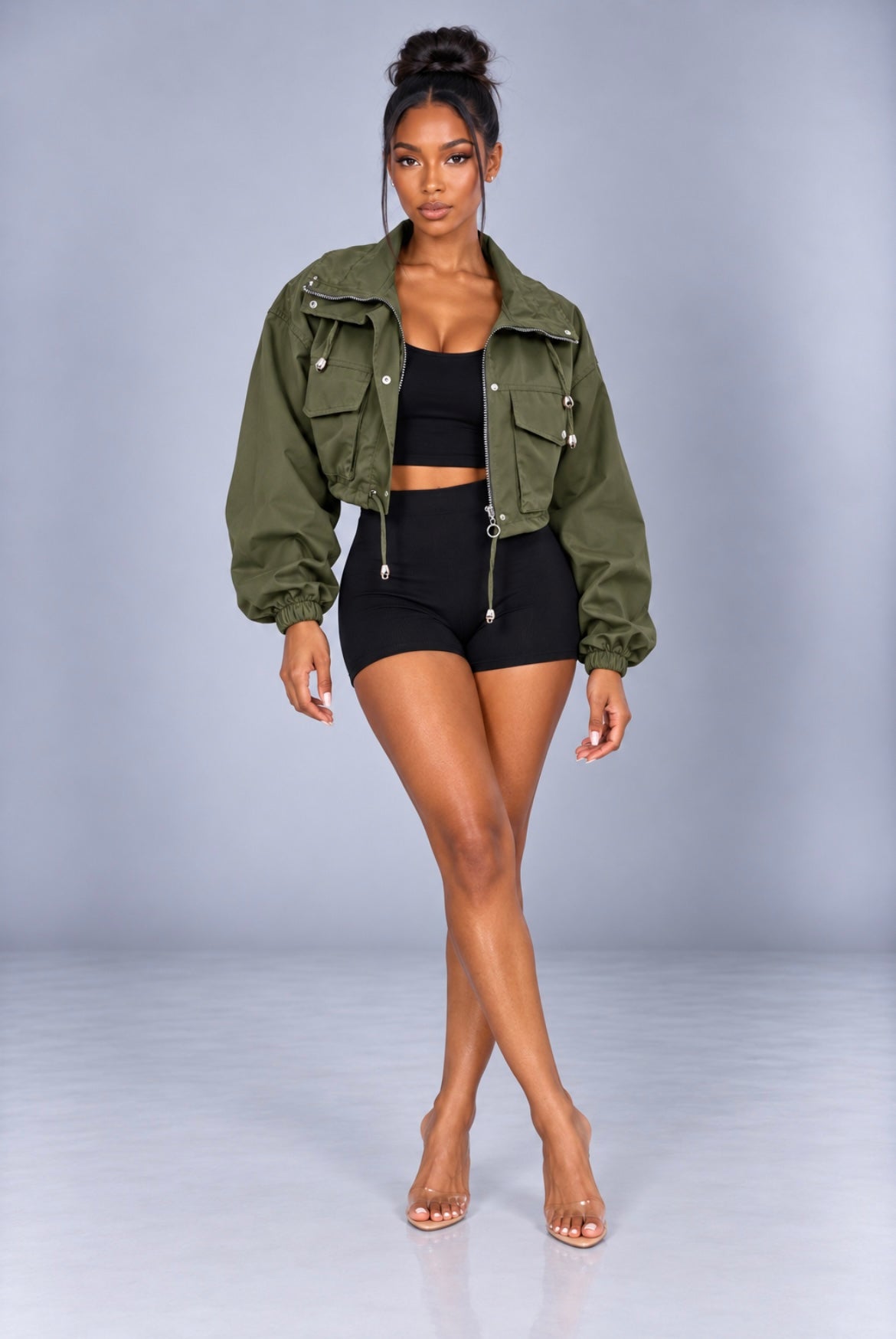 Solid Color Zipper Short Jacket Trench Coat