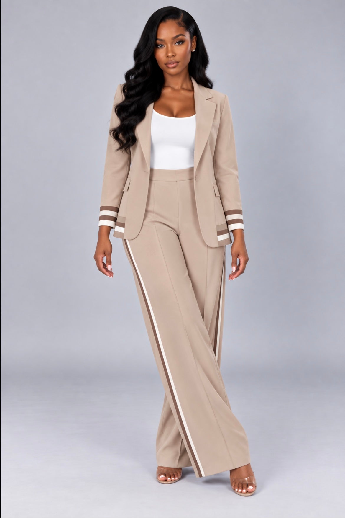 2-Piece Suit Set Long Sleeve Blazer & High-Waist Wide Leg Pants