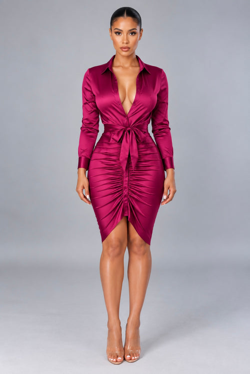 Lace-up Solid Color Long Sleeve Midi Dress Shirt Dress