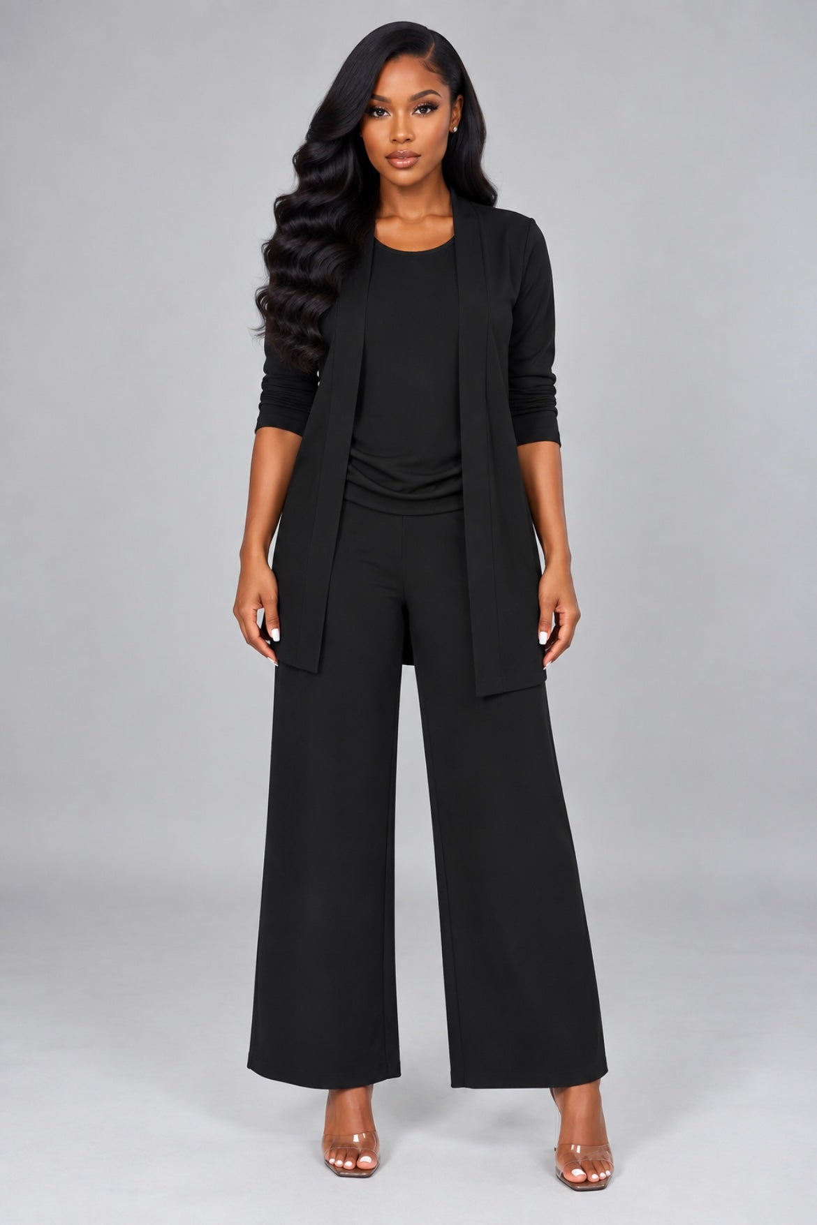3-Piece Solid Color Suit Sleeveless Vest, Long Cardigan & Wide-Leg Pants