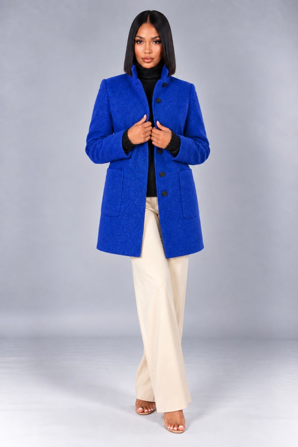 Stand Collar Woolen Coat With Pockets