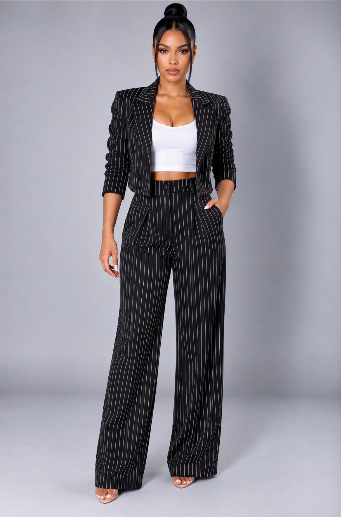 Striped Suit Casual Lapel Cropped Top & Straight Pants Set