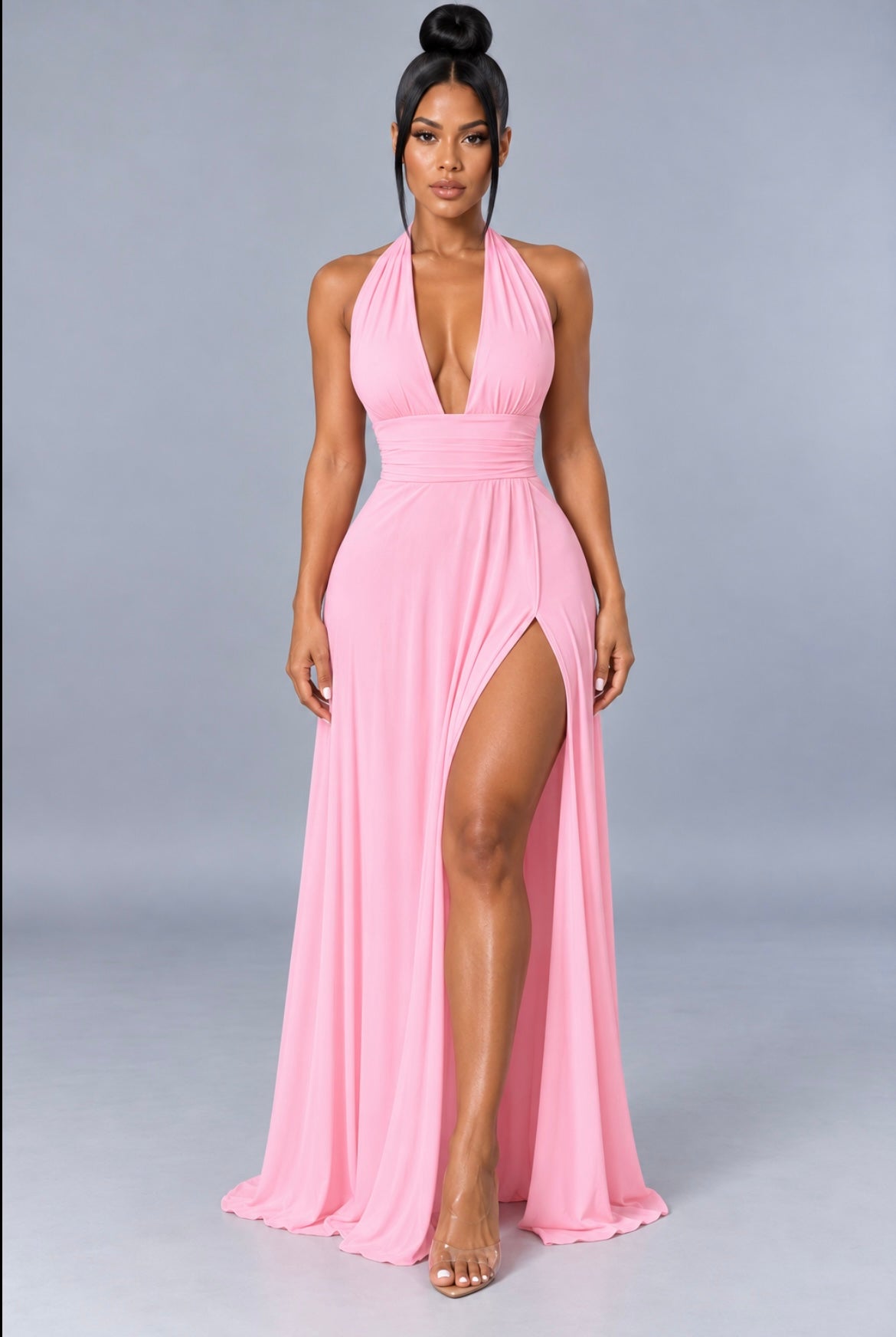 Halterneck V-Neck Slit Backless Strappy Maxi Dress