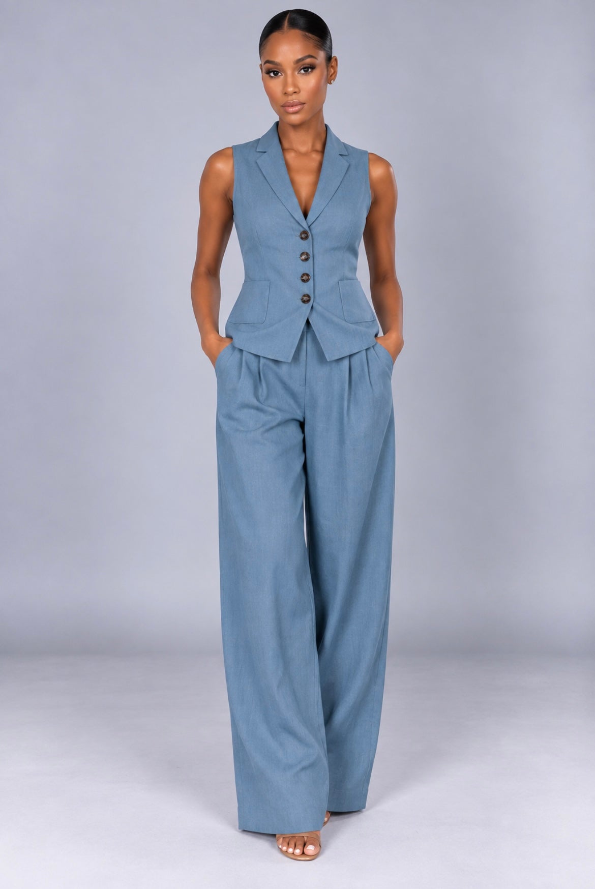 Solid-Colored Sleeveless Casual Linen Tank Top And Pants Set