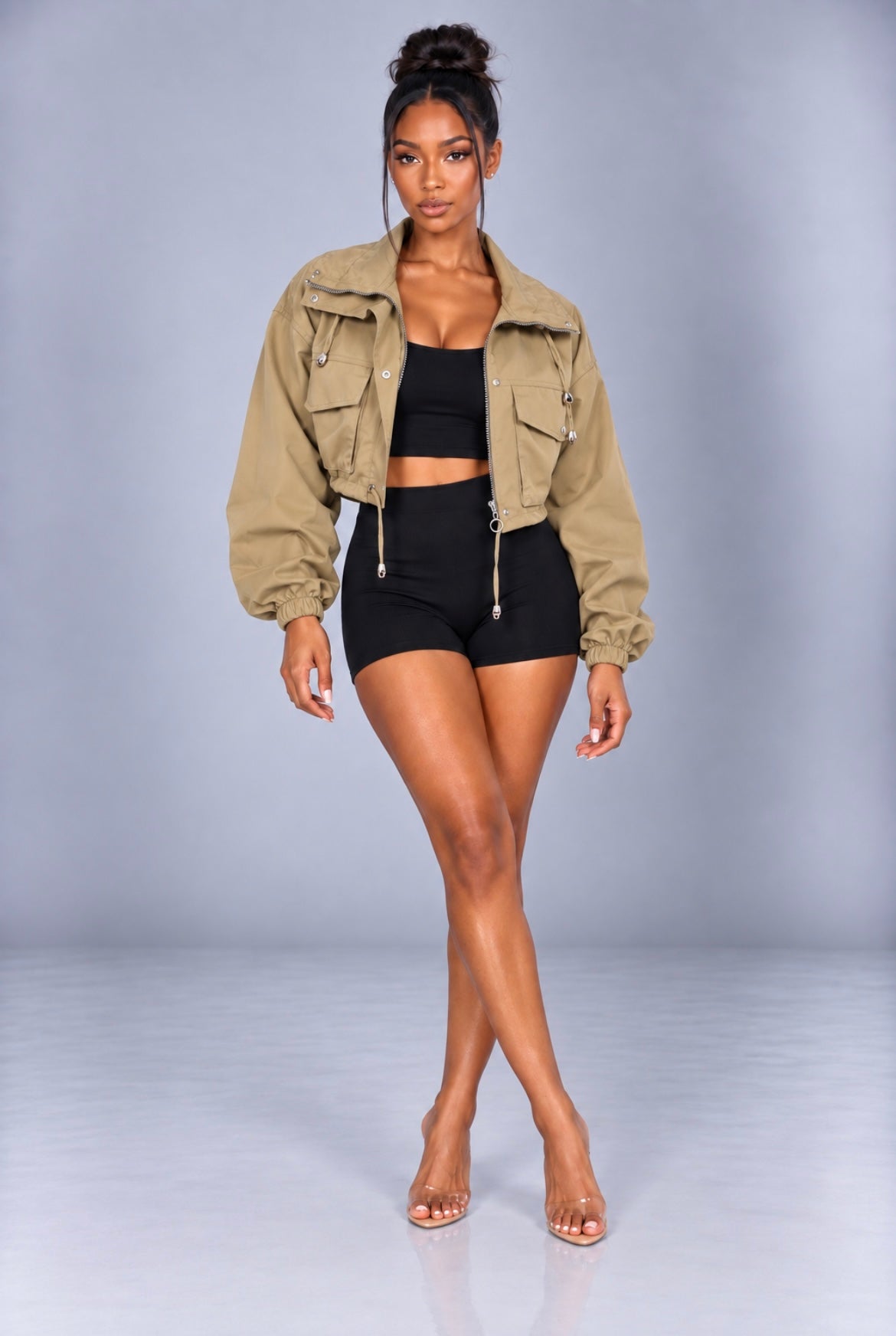 Solid Color Zipper Short Jacket Trench Coat