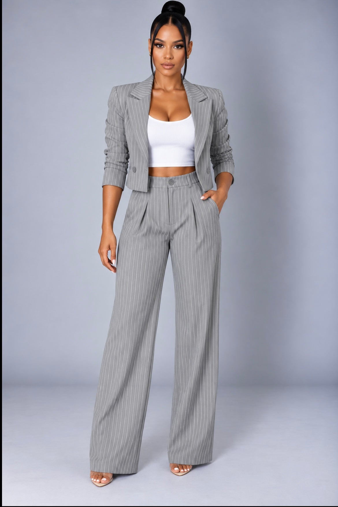 Striped Suit Casual Lapel Cropped Top & Straight Pants Set