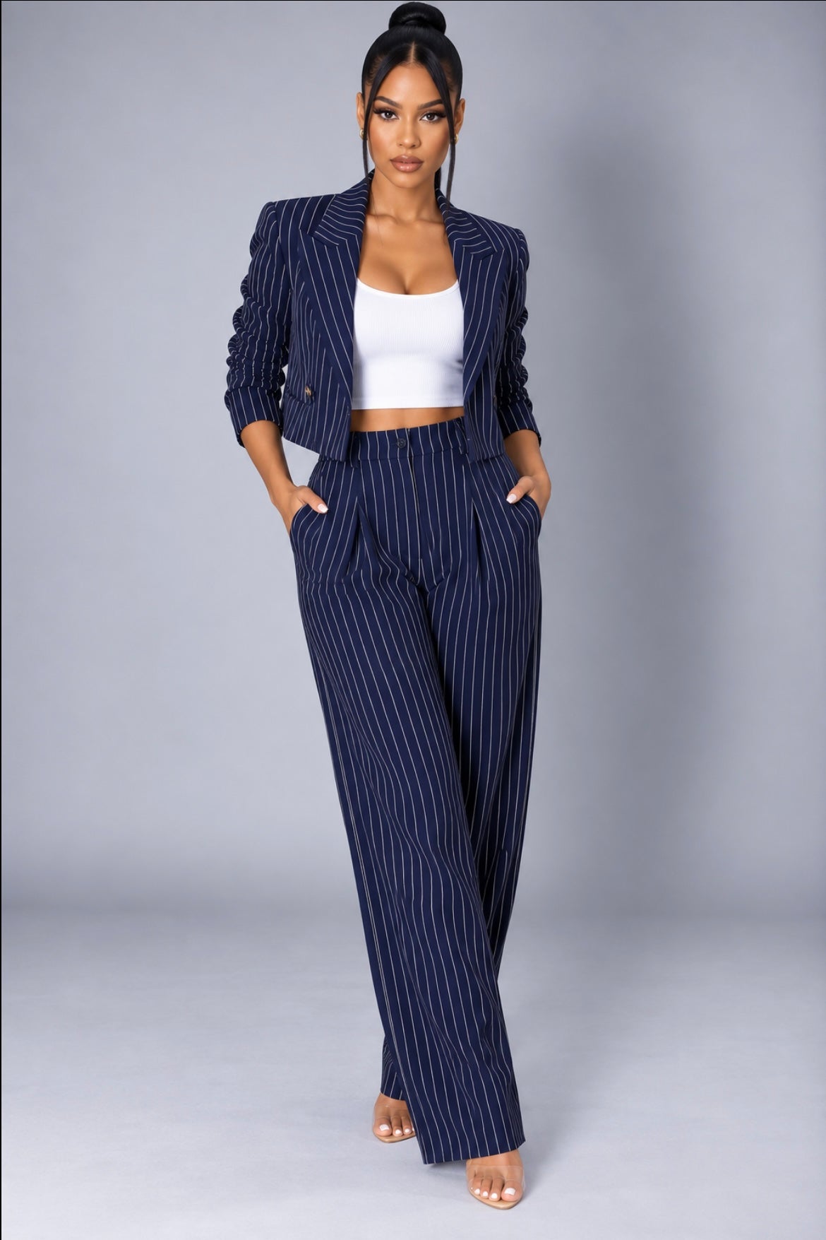 Striped Suit Casual Lapel Cropped Top & Straight Pants Set