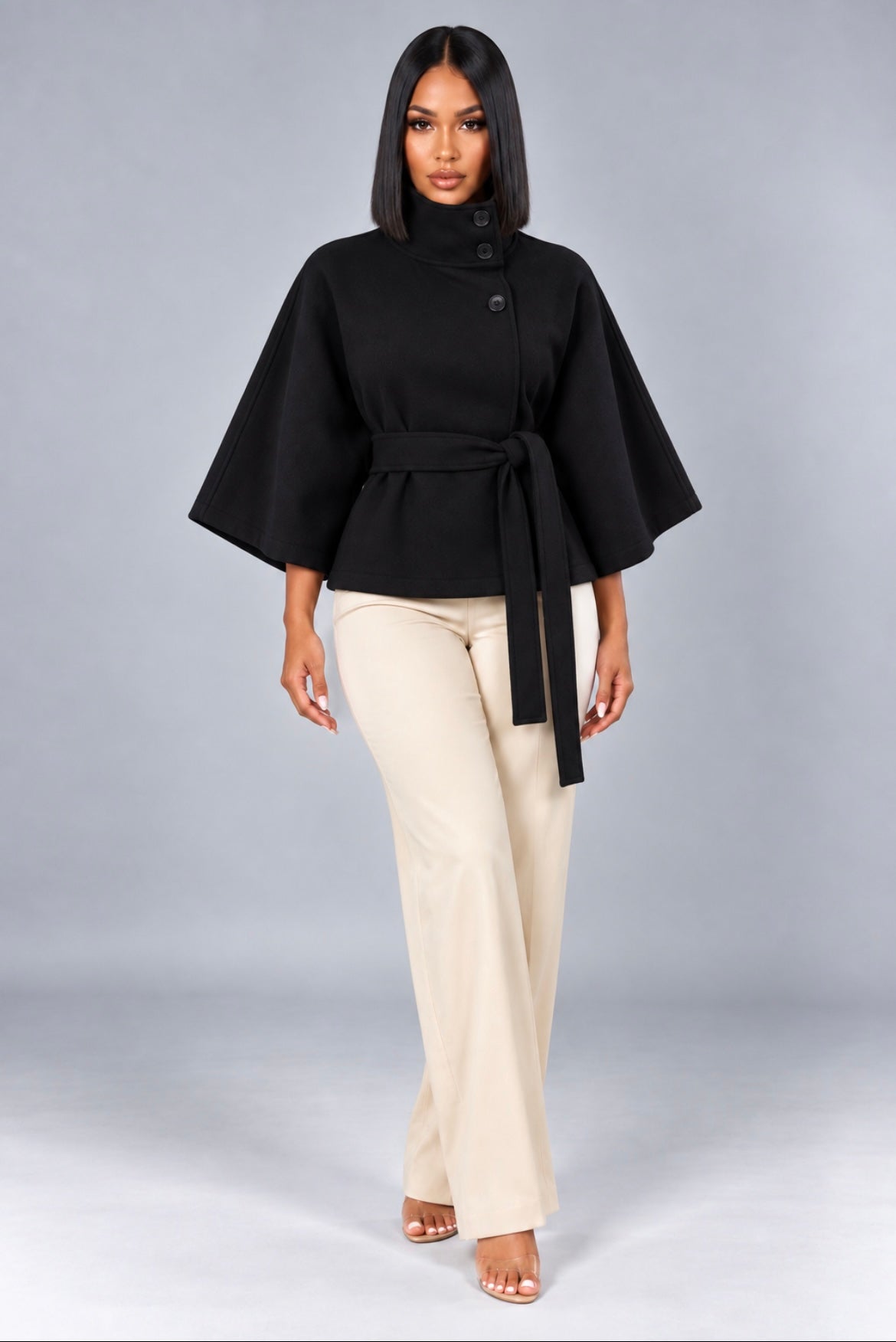 High Neck Batwing Sleeve Belted Coat
