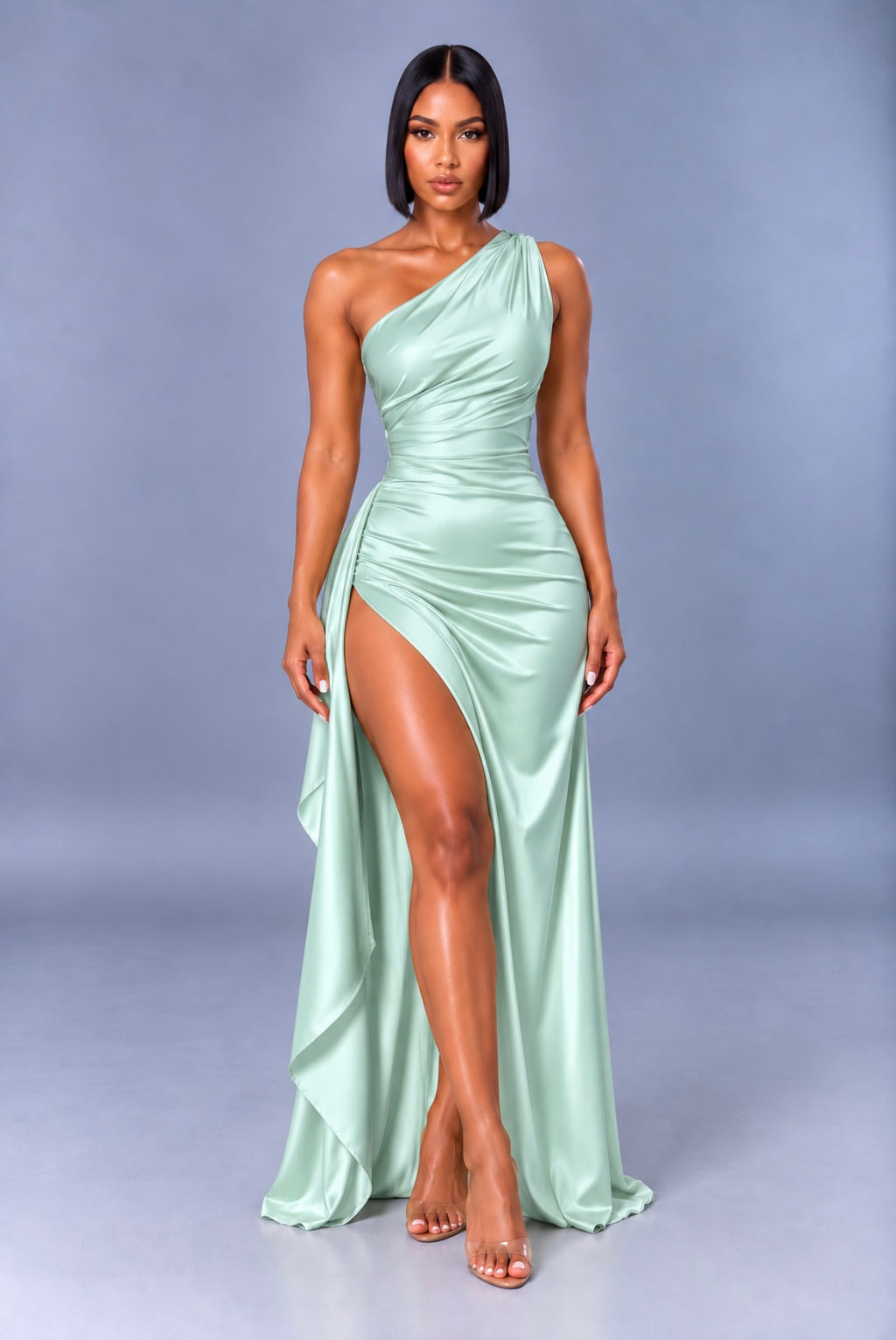 One-Shoulder Satin Slit Elegant Backless Evening Party Dress