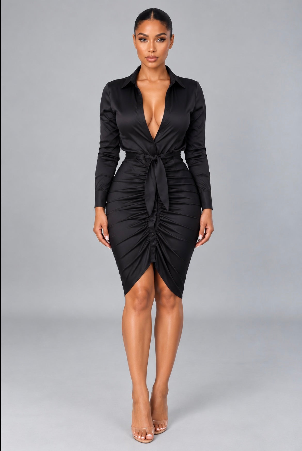 Lace-up Solid Color Long Sleeve Midi Dress Shirt Dress