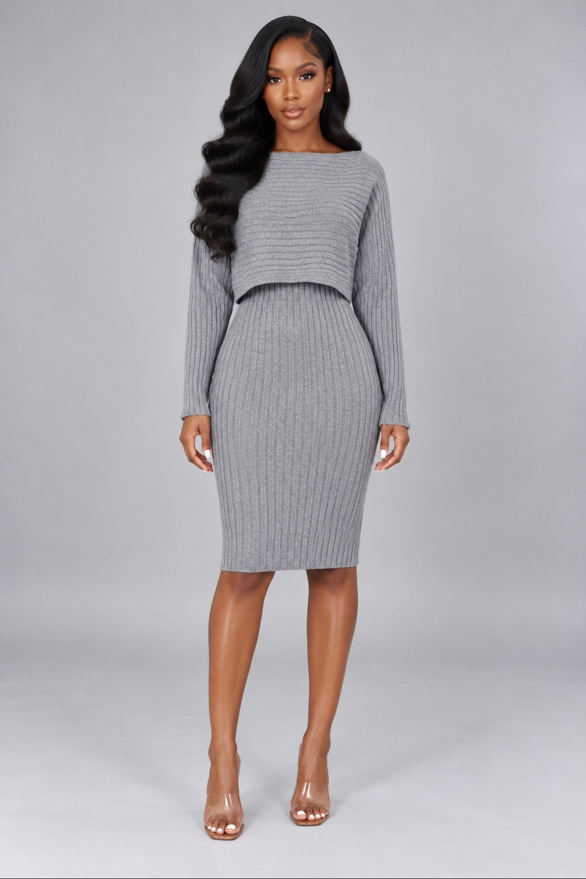 2-Piece Slim Fit Set Long Sleeve Top & Bodycon Suspender Skirt