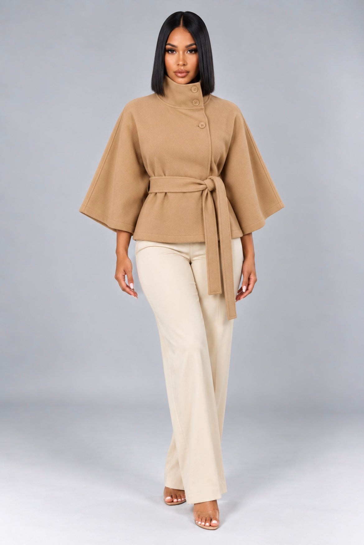 High Neck Batwing Sleeve Belted Coat