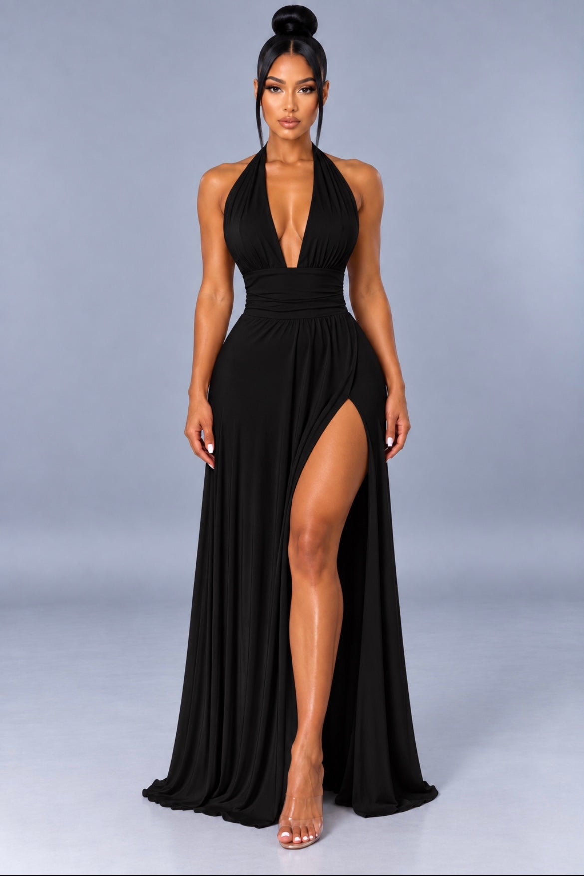 Halterneck V-Neck Slit Backless Strappy Maxi Dress
