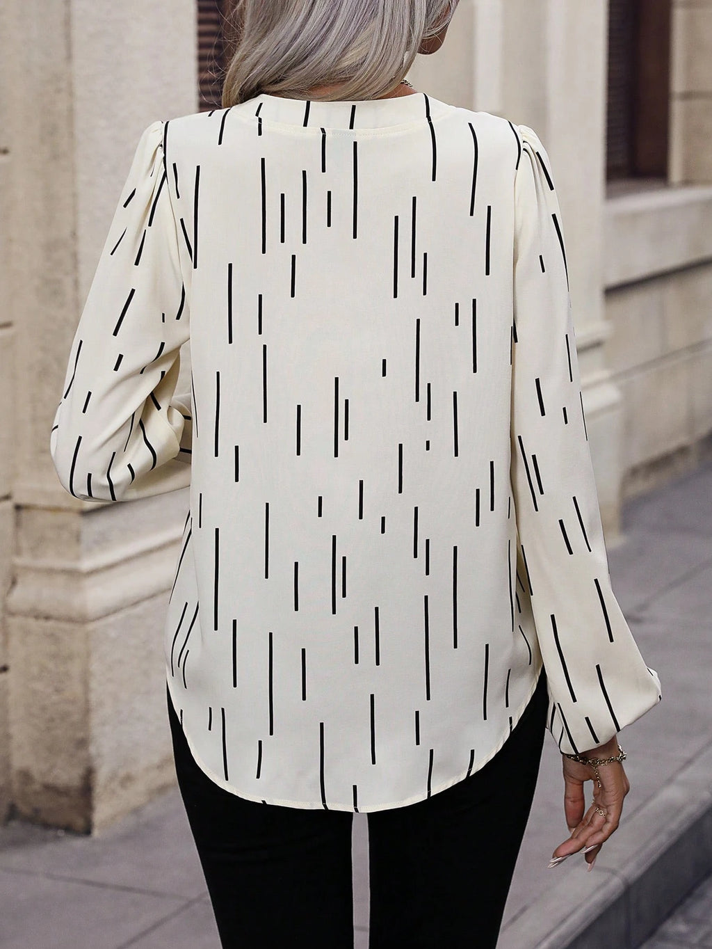 SHEIN Clasi Allover Print Notched Neckline Lantern Sleeve Blouse,Long Sleeve Tops