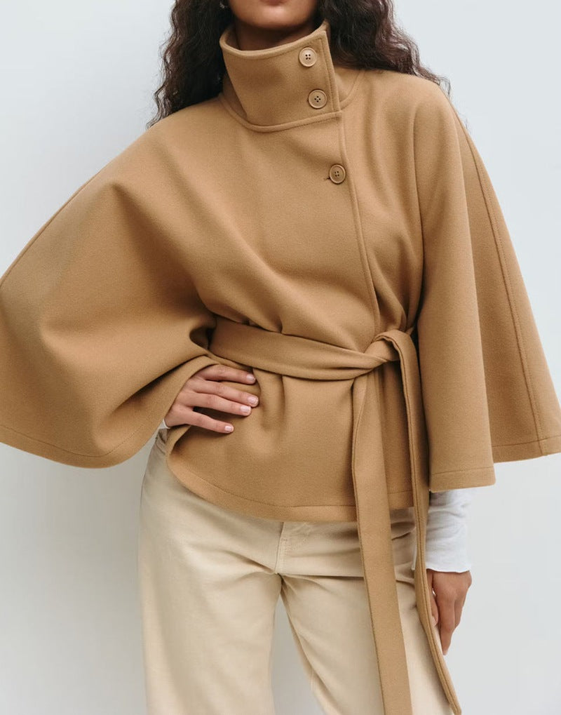 High Neck Batwing Sleeve Belted Coat
