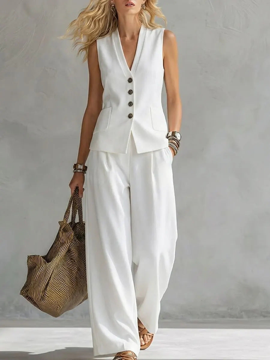 Solid-Colored Sleeveless Casual Linen Tank Top And Pants Set