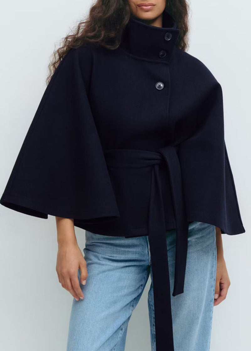High Neck Batwing Sleeve Belted Coat
