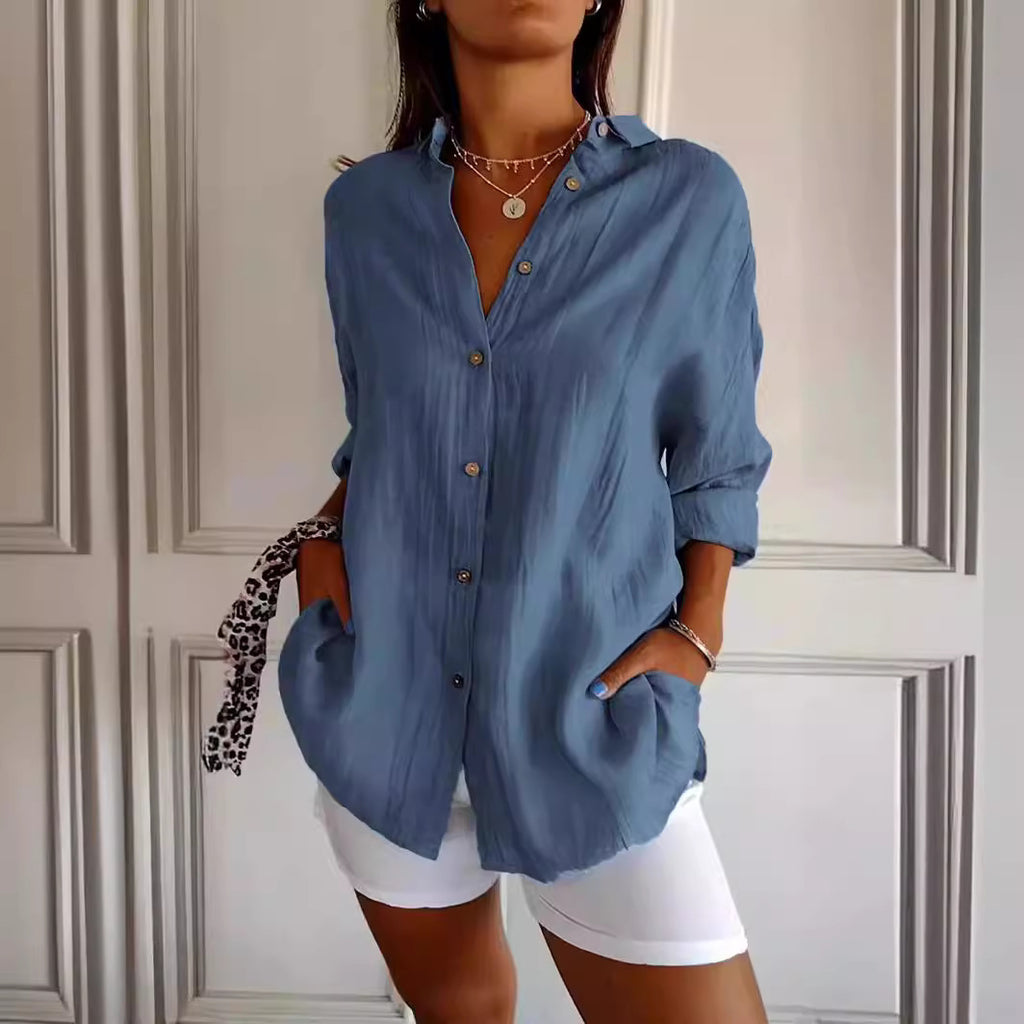 Lapel Long Sleeve Single-breasted Pleated Shirt