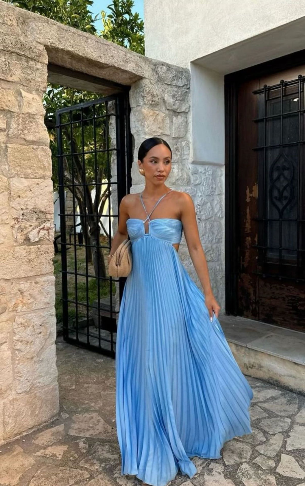 Pleated Sleeveless Sling Dress Hollow High Waist Halter