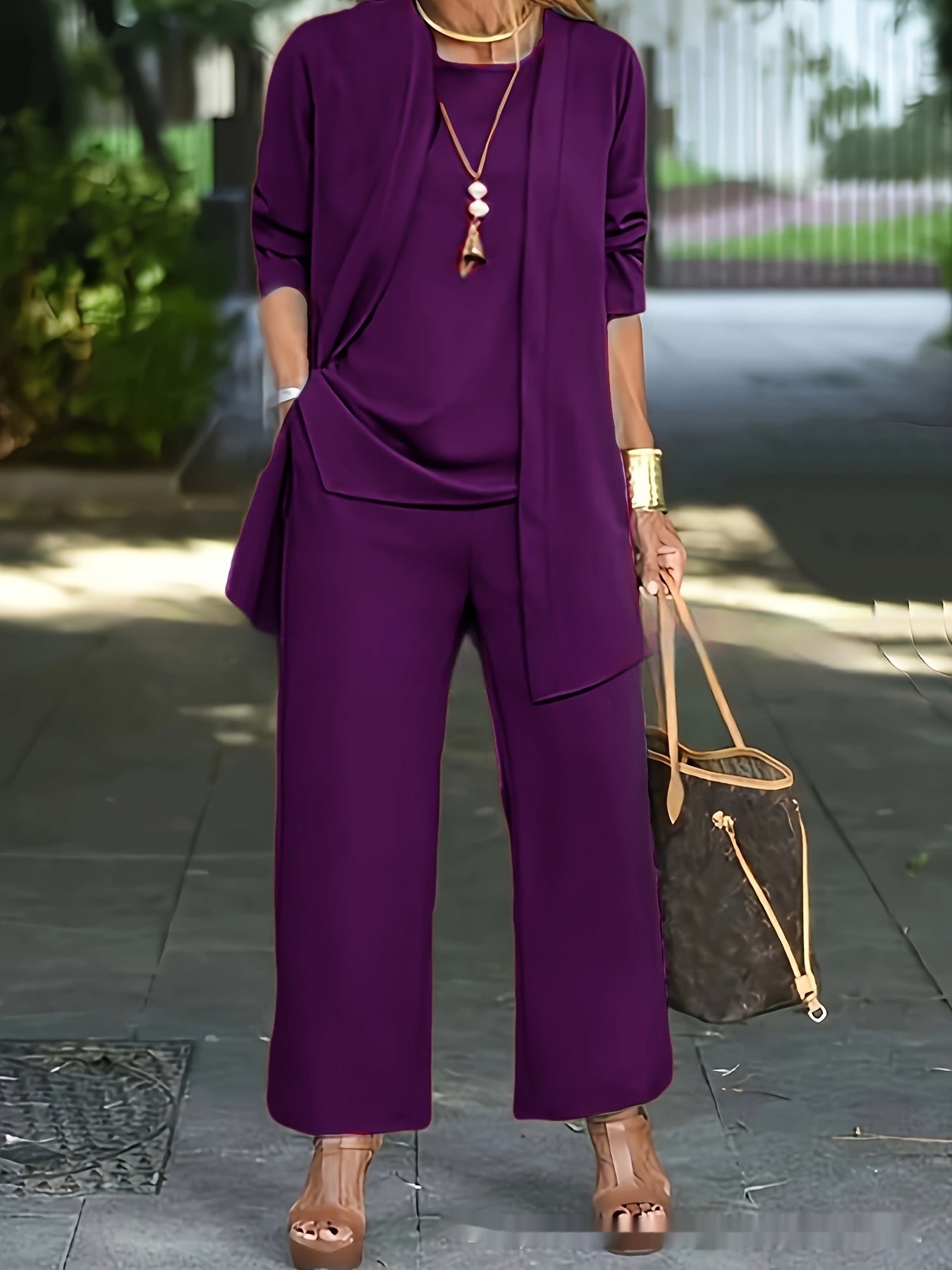 3-Piece Solid Color Suit Sleeveless Vest, Long Cardigan & Wide-Leg Pants