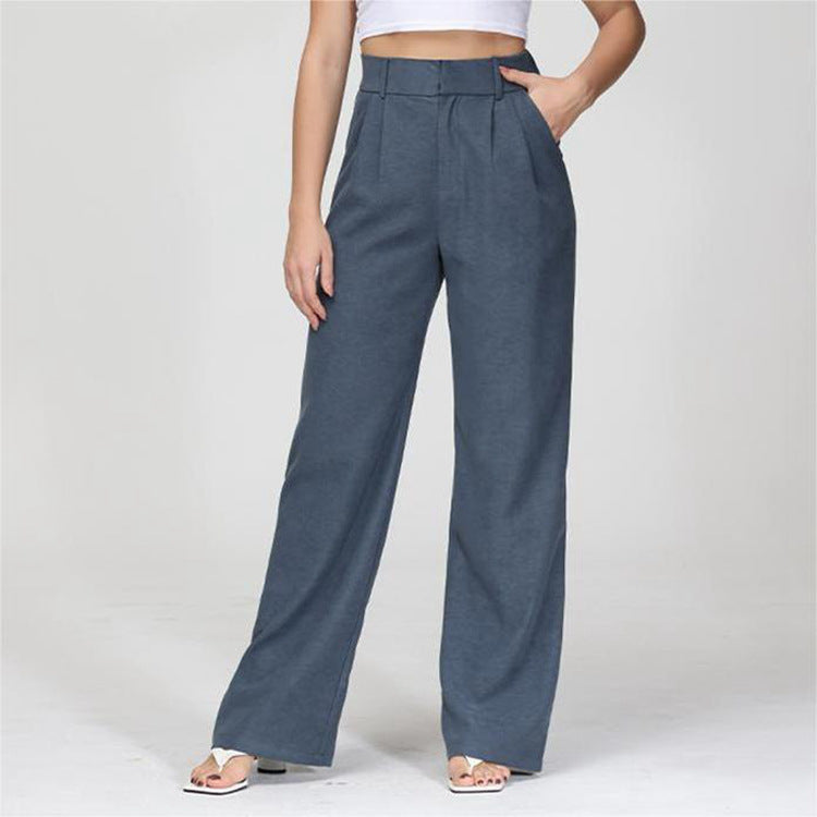 High Waist Wide-Leg Trousers Straight Casual Pants with Pockets