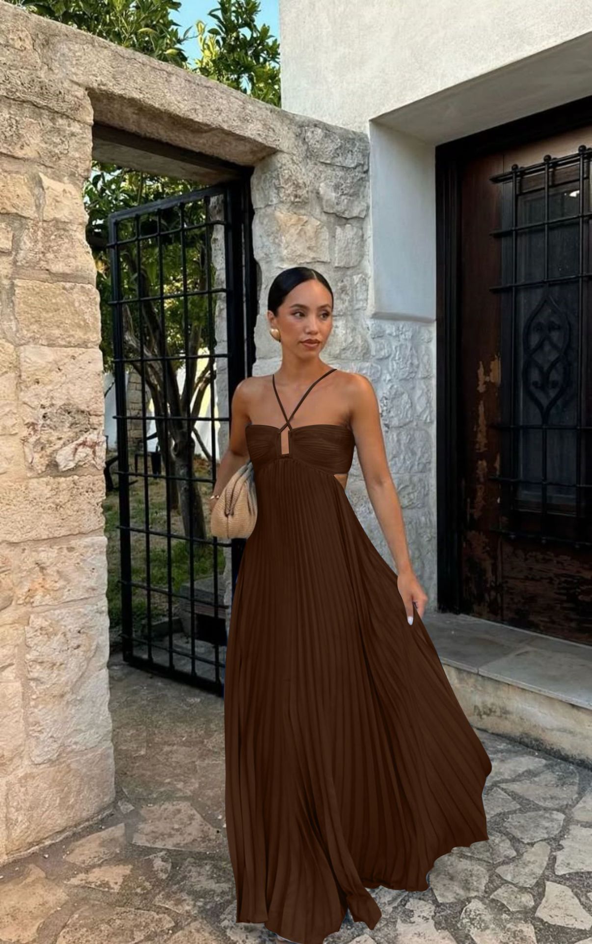 Pleated Sleeveless Sling Dress Hollow High Waist Halter