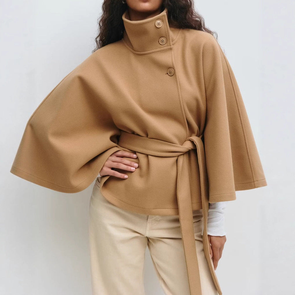 High Neck Batwing Sleeve Belted Coat