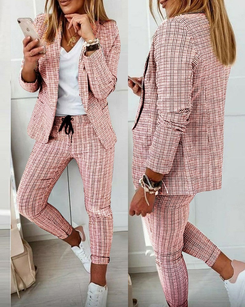 Plaid Two-Piece Suit Straight Trousers & Small Jacket Set