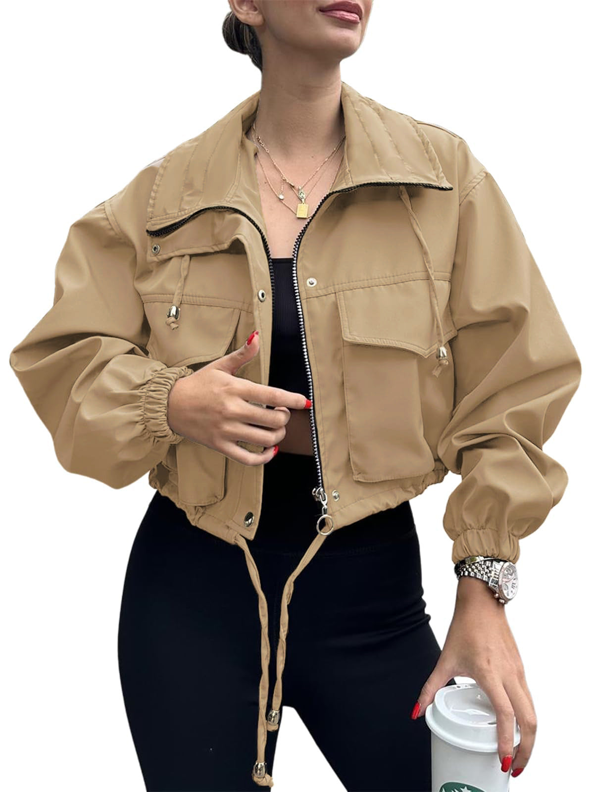 Solid Color Zipper Short Jacket Trench Coat