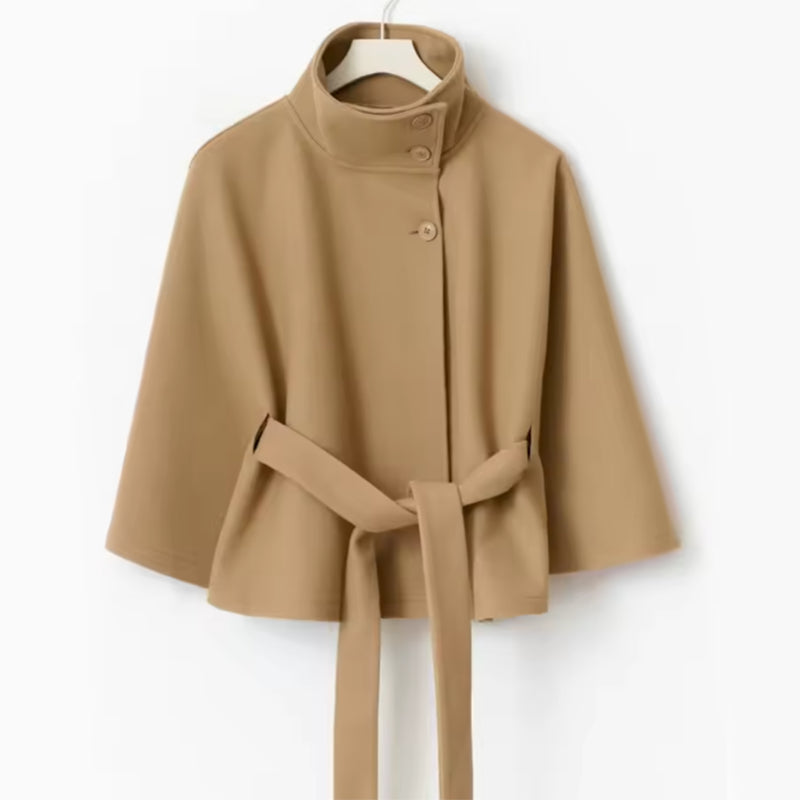 High Neck Batwing Sleeve Belted Coat