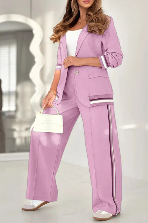 2-Piece Suit Set Long Sleeve Blazer & High-Waist Wide Leg Pants
