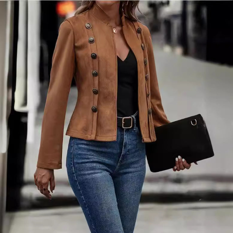 Double-Breasted Suede Jacket Retro Velvet Long-Sleeve Slim Fit Coat
