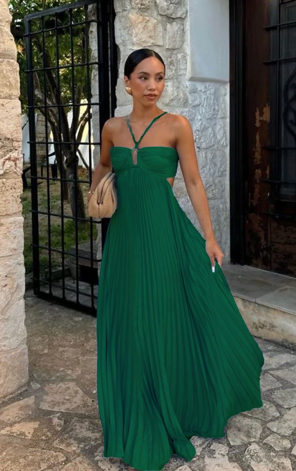 Pleated Sleeveless Sling Dress Hollow High Waist Halter