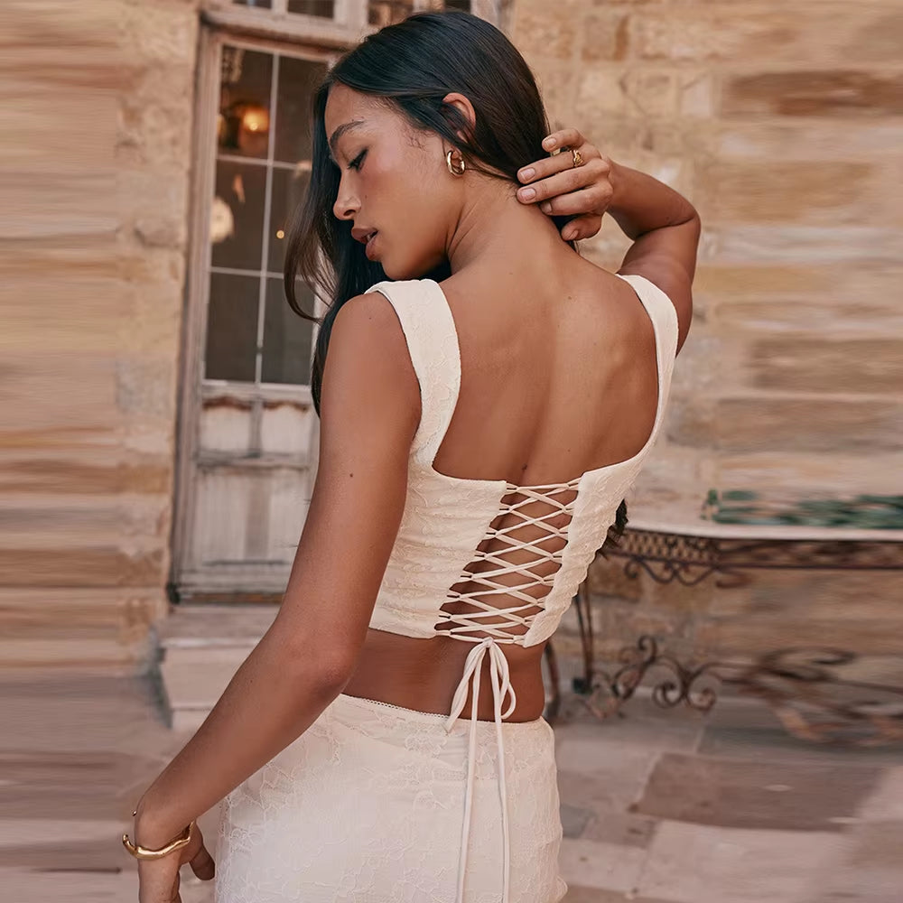 Beige Elegant Lace up Corset