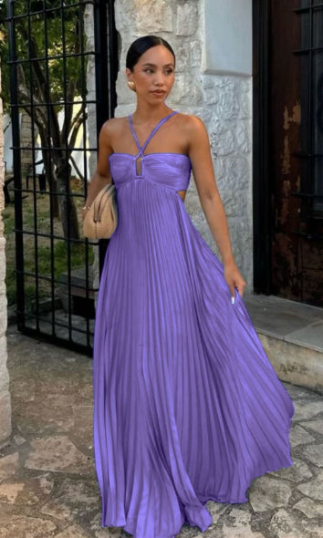 Pleated Sleeveless Sling Dress Hollow High Waist Halter