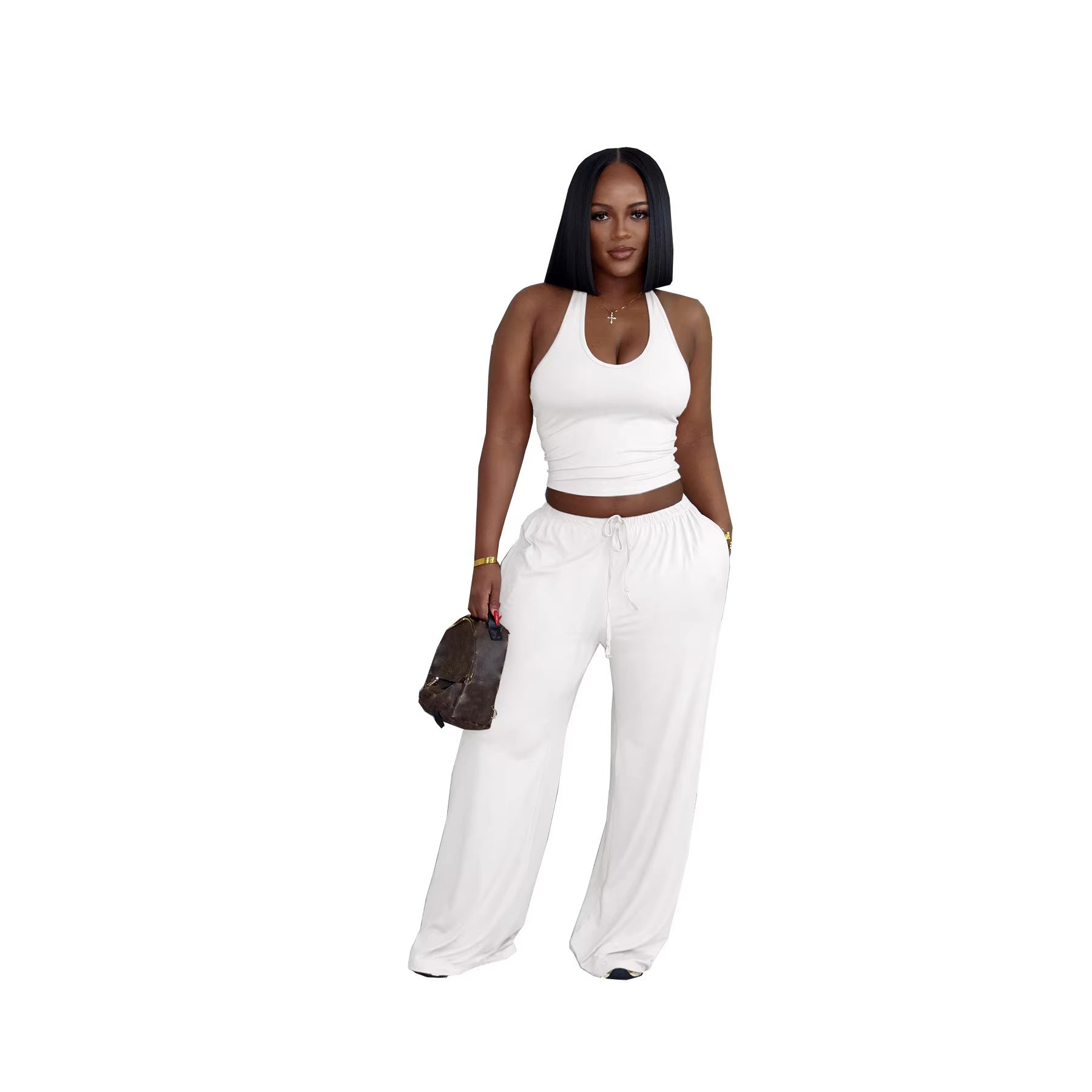 Solid Color Casual Halter Top And High-Waist Wide-Leg Pants With Pockets