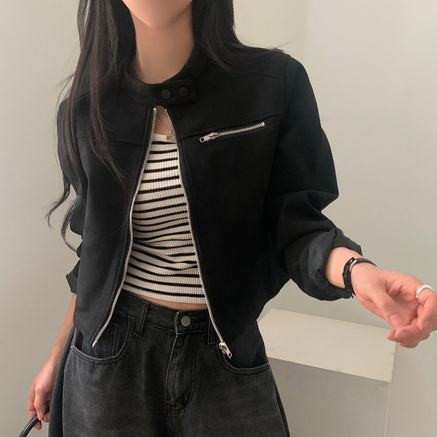 High Waist Suede Motorcycle Jacket Short Fashion Coat